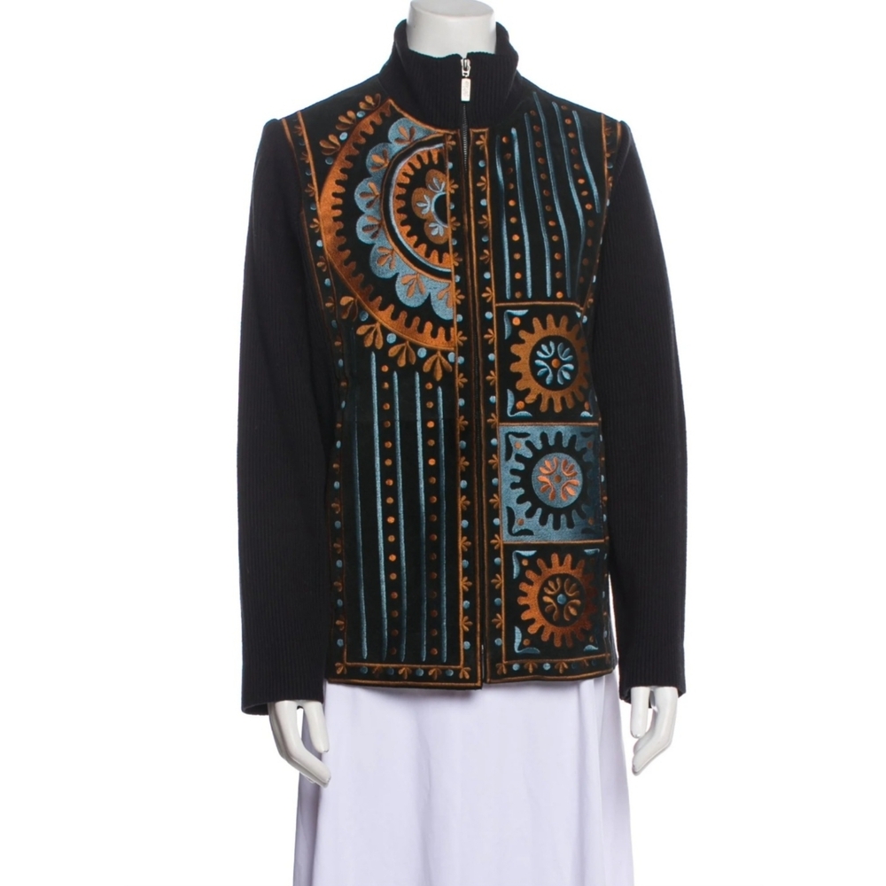 Bob Mackie Wearable Art Embroidered Black Suede Leather Full-Zip Jacket Womens M - Picture 2 of 16